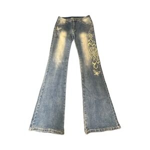 ROMWE Jeans Women L Blue Floral Butterfly Rhinestone Embellished Flare Y2K Denim